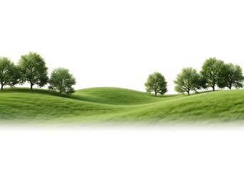 Lush green rolling hills with scattered trees and misty foreground