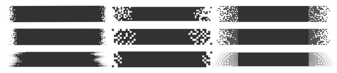 Abstract pixel banner set, monochrome rectangle backgrounds, modern digital design templates on transparent background