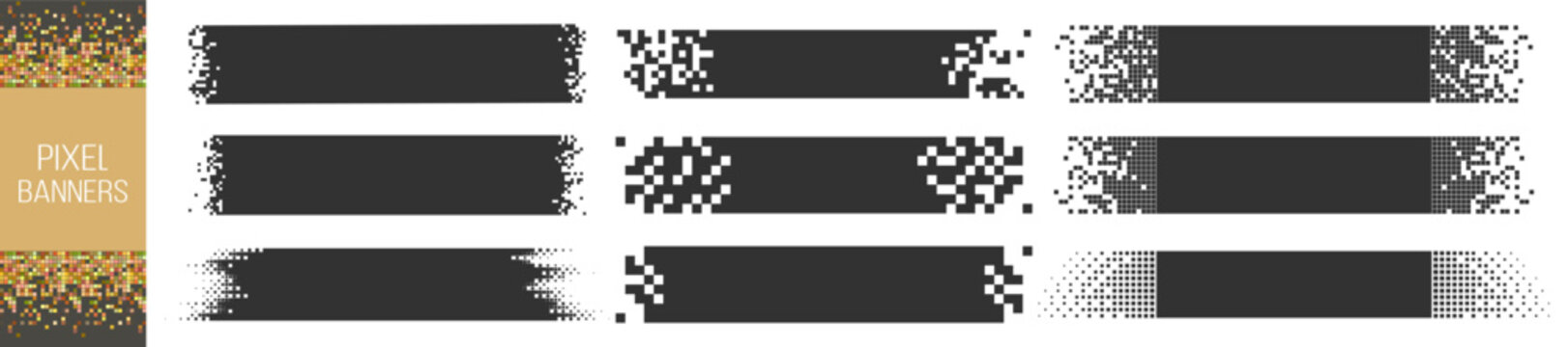 Abstract pixel banner set, monochrome rectangle backgrounds, modern digital design templates on transparent background