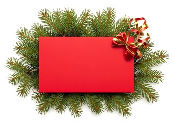 Festive red card adorned with a christmas bow on evergreen branches