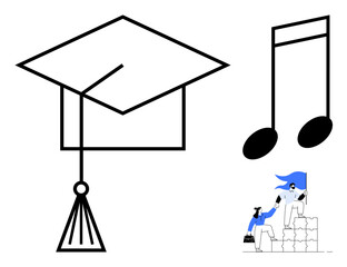 Graduation cap, music notes, and two people collaborating to climb blocks, representing education, creativity, teamwork. Ideal for learning, collaboration, success growth leadership innovation