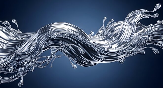 Dynamic wave of liquid chrome or silver metal splashing and flowing across a deep blue gradient background