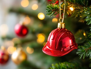 christmas ornament, red hardhat, construction worker, hanging on christmas tree, realistic, highly detailed, photorealistic, 8k, intricate