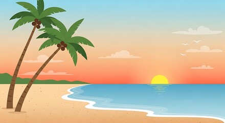 Obraz premium Tropical Beach Sunset with Palm Trees and Ocean Waves.