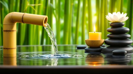 a serene bamboo fountain flowing into a calm pool, with floating candles and stacked zen stones, surrounded by lush greenery and foliage, digital art, highly detailed, realistic,