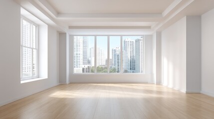 Fototapeta premium Spacious empty room with large windows overlooking a modern cityscape and bright natural light illuminating the elegant hardwood floor in a minimalist design