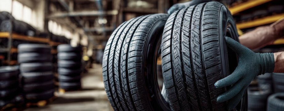 The Tires in a Gloved Mechanic's Hands in an Industrial Warehouse Setting - Powered by Adobe
