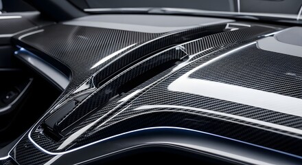 Close up of glossy black carbon fiber interior trim detail in modern luxury vehicle dashboard showcasing texture