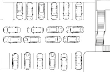Parking lot layout illustration, top-down architectural drawing, 24 vehicle spaces, angled and perpendicular parking, staircase access, urban planning vector blueprint, flavector