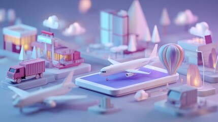 Miniature cityscape with airplane on phone
