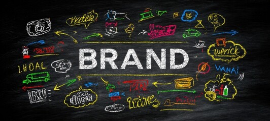 The Brand Chalkboard Illustration Showing Colorful Marketing Strategy Doodles and Business Concepts