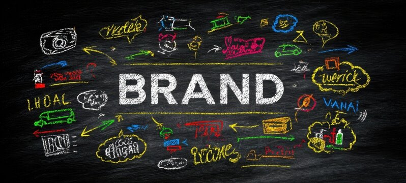 The Brand Chalkboard Illustration Showing Colorful Marketing Strategy Doodles and Business Concepts