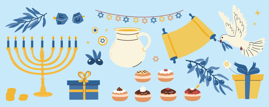 Hanukkah vector icons set. Celebration symbols of jewish holiday. Menorah, dreidel, donuts, star of David and other decorations. Hanukkah elements set, flat vector illustration. Chanukah cliparts.