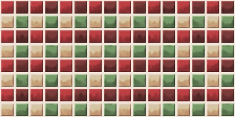 Christmas block tiles texture with water stains - red green beige seamless pattern background