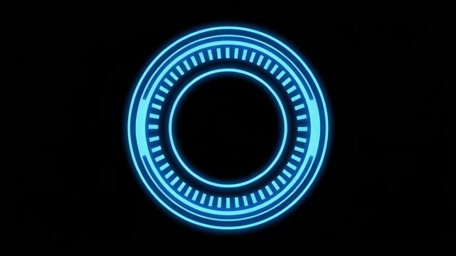 Futuristic glowing blue circle on black backdrop. Round neon lines with light dots for technology concept background