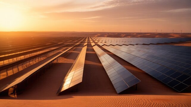Vibrant solar panel array in desert landscape shines with sustainable energy future