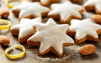 A close-up photograph of traditional German Zimtsterne (cinnamon stars) arranged on a rustic wooden surface, showcasing their distinctive star shape and glossy white icing glaze. The delicate cookies 