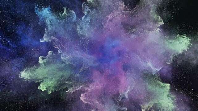 Swirling pastel dust cloud with blue, purple, and green hues against a dark backdrop