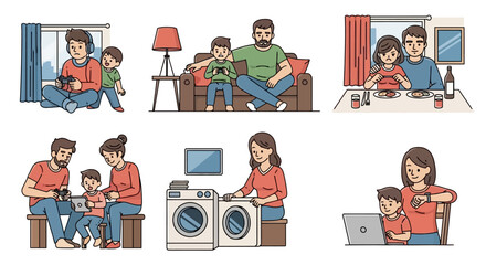 Illustrations of a modern family's daily life at home, showcasing various domestic activities and interactions with digital technology