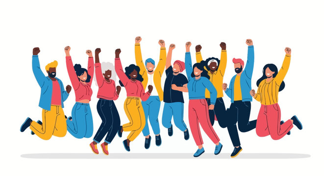 A diverse group of happy young people jumping for joy and celebrating success together as a team in unity