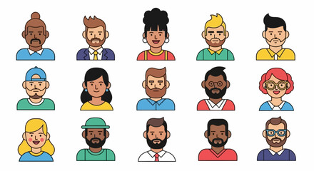 Diverse collection of cartoon avatars representing various people with different hairstyles and clothing styles, ideal for profile pictures and user icons