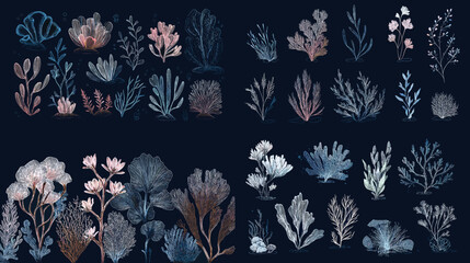 A delicate botanical illustration set featuring sea plants, corals, and floral elements in muted tones on a dark background. Perfect for elegant ocean themes and nature artwork.