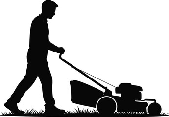 Obraz premium Man Mowing Lawn Silhouette – Lawn Care and Gardening Vector Illustration