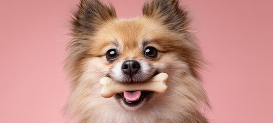 Obraz premium The Dog Holding a Bone Grinning in a Pink Studio Portrait Closeup