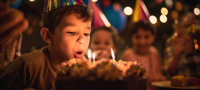 The boy blowing out birthday candles on a festive chocolate cake at celebration - Powered by Adobe