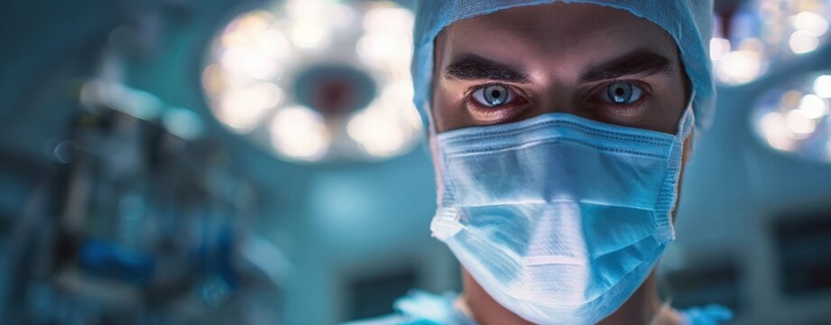 The surgeon in surgical mask focused under operating room lights before procedure