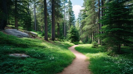 Obraz premium Serene Forest Pathway Surrounded by Tall Trees, Vibrant Green Grass, and Soft Sunlight Filtering Through Leaves in a Peaceful Wilderness Scene