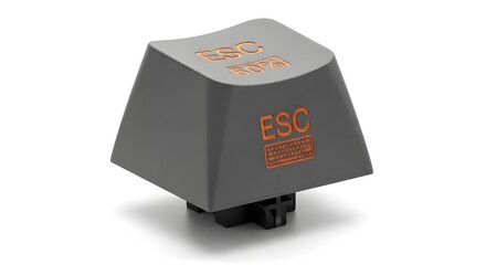 A detailed 3D render of a gray mechanical keyboard ESC keycap featuring orange engraved text and symbols, isolated on a white background. Perfect for technology, hardware, and computer-themed concepts