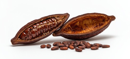 The cacao pod split open with exposed beans and scattered roasted cacao nibs