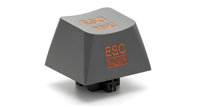 A detailed 3D render of a gray mechanical keyboard ESC keycap featuring orange engraved text and symbols, isolated on a white background. Perfect for technology, hardware, and computer-themed concepts
