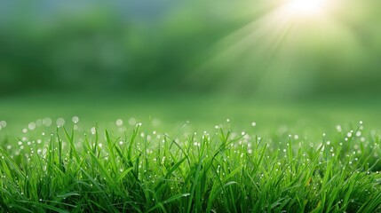 Obraz premium Fresh Green Grass with Dew Drops in Soft Morning Light Creating a Serene Nature Background with Gentle Sun Rays and Vivid Colors