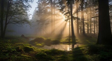 Fototapeta premium Sunlight beams through misty forest trees