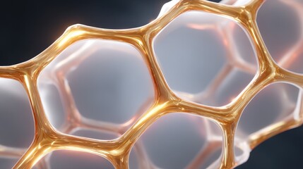 Abstract close-up of honeycomb structure showcasing golden organic shapes with light reflections and blurred background ideal for scientific and artistic themes