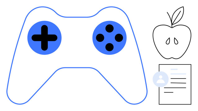 Gaming controller icon with buttons, minimalist apple drawing, and document outline with profile. Ideal for technology, education, health, productivity, recreation balance innovation. Simple flat