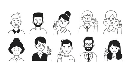 Diverse People Celebrating with Peace Signs Line Art Illustration