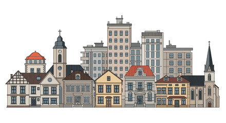 Obraz premium Serene Cityscape Illustration with Architectural Variety and Subtle Color Palette