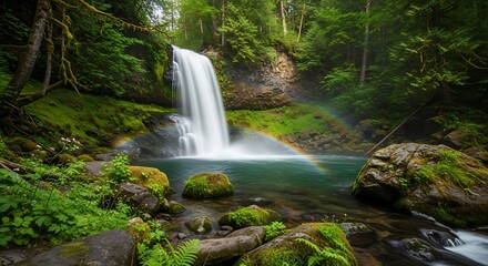Lush waterfall with rainbow in forest pool