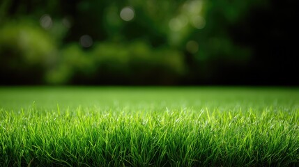 Naklejka premium Lush Green Grass with Soft Blades Swaying in the Gentle Breeze Under Bright Sunny Daylight in a Peaceful Outdoor Landscape
