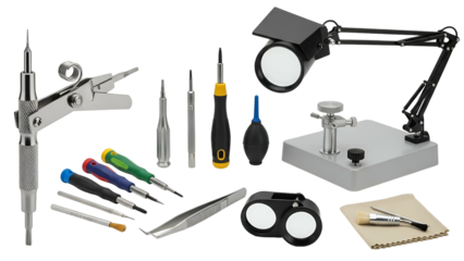 Assortment of tools, including screwdrivers, lamp, tweezers, and magnifying glass, on black