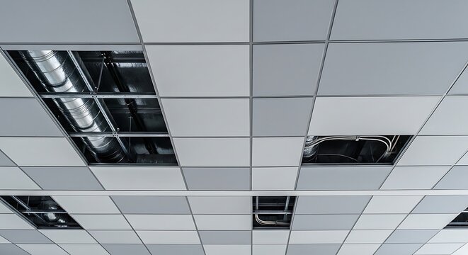 Suspended grid ceiling under construction with missing tiles revealing ductwork and wiring.