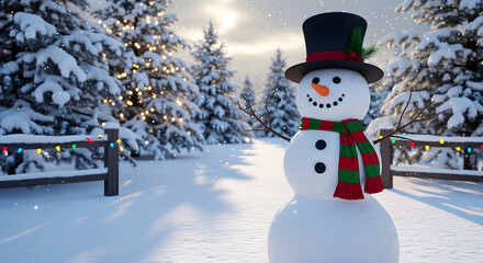 Obraz premium snowman in snowy forest with lights standing as cheerful holiday sentinel near lit fir trees, wearing black top hat and striped scarf, carrot nose, coal eyes and coal