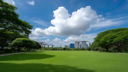 Obraz premium Lush Green Park Landscape with Bright Blue Skies and Urban Skyline in Background, Ideal Nature and City Harmony Image for Stock Photography Use