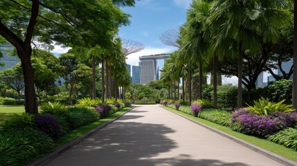 Obraz premium Serene Urban Park Pathway Surrounded by Lush Greenery and Vibrant Flowers Under Bright Blue Sky with Modern Buildings in Background
