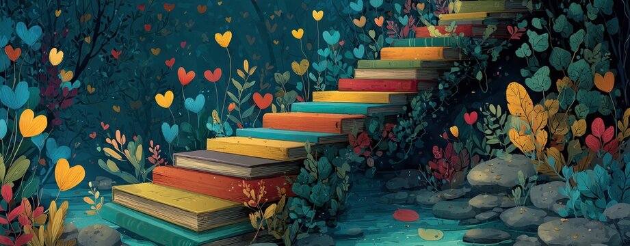 Colorful stack of books with hearts and leaves
