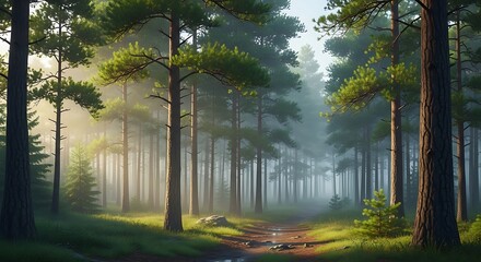 Misty Forest Path Bathed in Golden Sunlight.