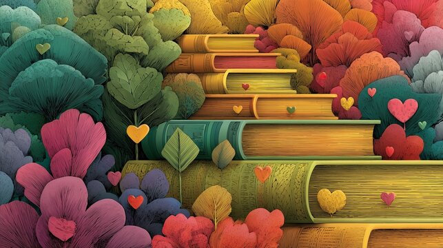 Colorful fantasy book illustration in a magical garden, whimsical fantasy book illustration with stacked books and heart-shaped leaves, vibrant fantasy book illustration for storytelling themes